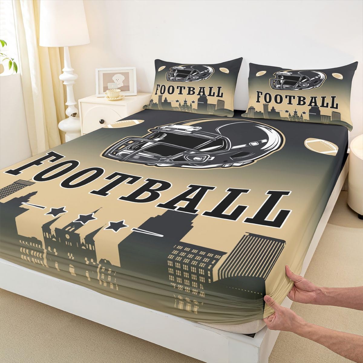 Erosebridal Football Queen Bed Sheets for Boys Girls,American Rugby Sports Games Bedding Set Football City Fitted Sheet Black Beige Ombre Fitted Bed Sheet for Kids Teen Adults