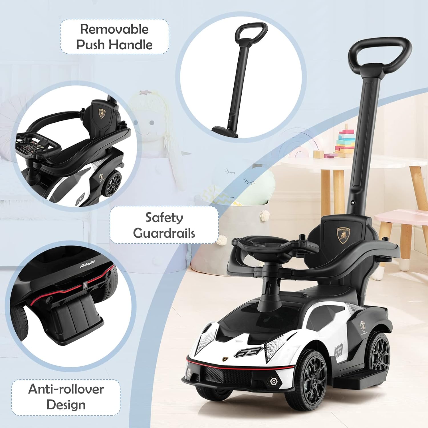 Nightcore 3-in-1 Push Car for Toddlers, Licensed Lamborghini Stroller Sliding Car with Push Handle & Arm Guardrails, Horn, Under Seat Storage, Ride on Kids Toy Car for Boys & Girls (White)