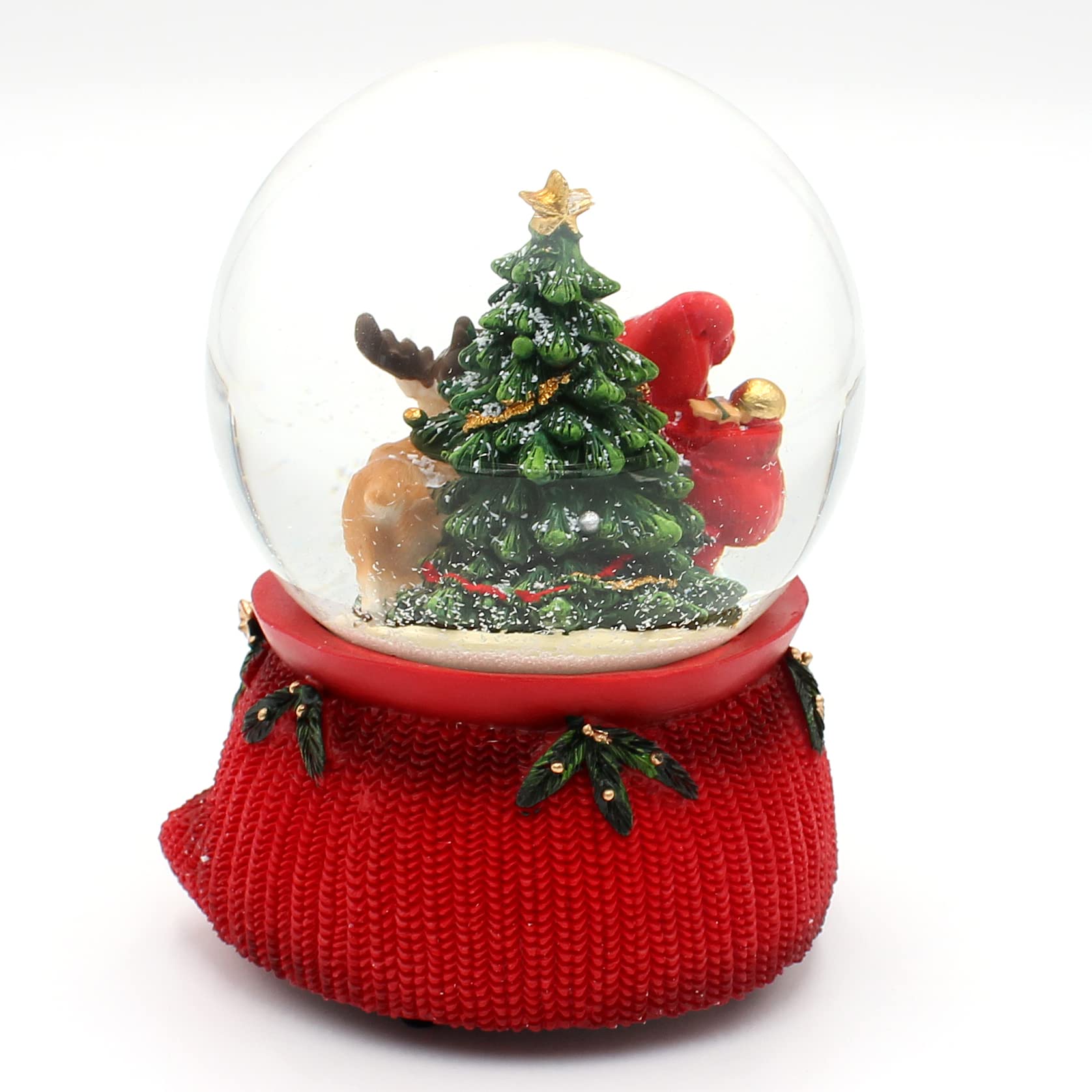 Große Schneekugel, Weihnachtsmann mit REH und Tannenbaum, mit Sound, auf aufwendig dekoriertem Sockel, Maße L/B/H: 10 x 10 x 14 cm Kugel Ø 10 cm