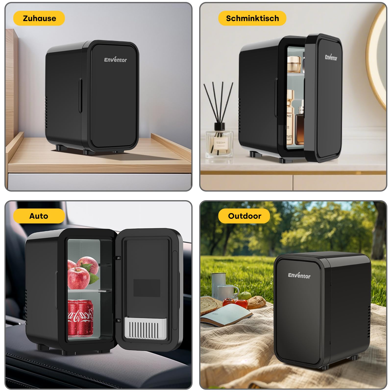Enventor Mini Kühlschrank, 6 Liter/8 Dosen, AC+12V DC-Stromversorgung, Tragbarer Kühler und Wärmer, Kleiner Kühlschrank für Schlafzimmer, Auto, Hautpflege, Obst und Getränke, Schwarz