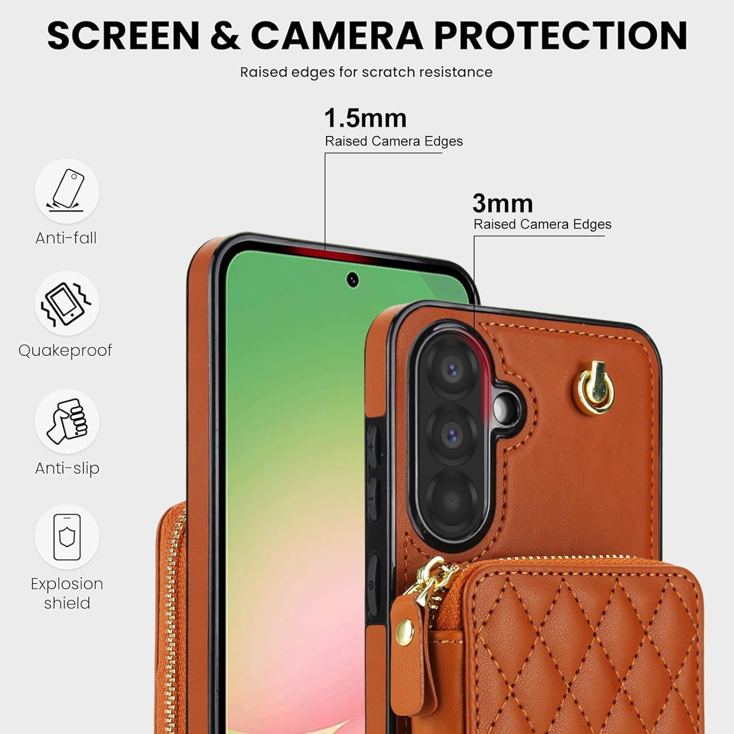 Phone Case for Samsung Galaxy A36 5G Wallet Cell Cover with Tempered Glass Screen Protector Wrist Crossbody Strap Stand RFID Blocking Credit Card Holder Slot A 36 36A LTE SM-A366U Women Girls Brown