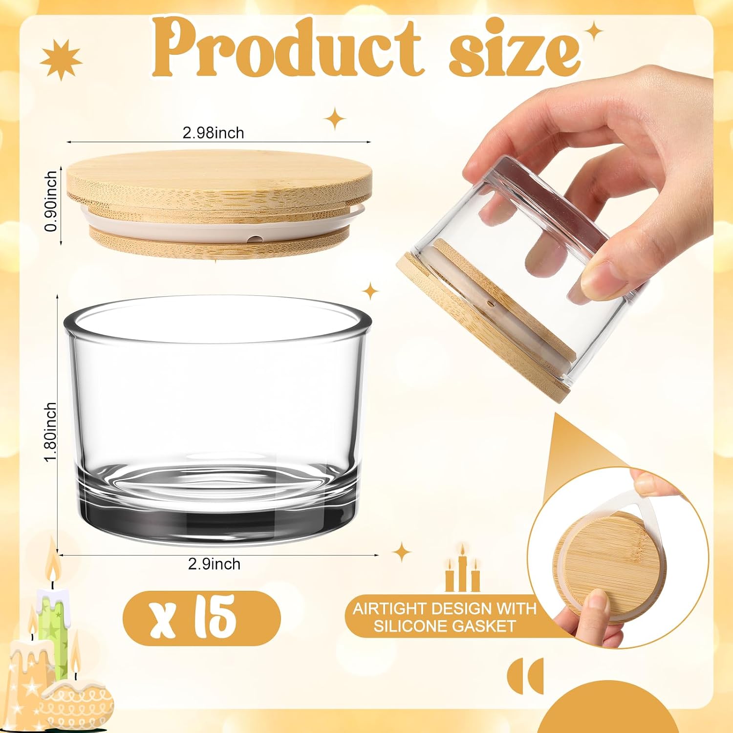 Acellegic 15 Pack 4.73 OZ Thick Candle Jars for Making Candles, Candle Jar, Wide Mouth Glass Empty Jars with Bamboo Lids for Making Candles, Bulk Container Dishwasher Safe (Clear)