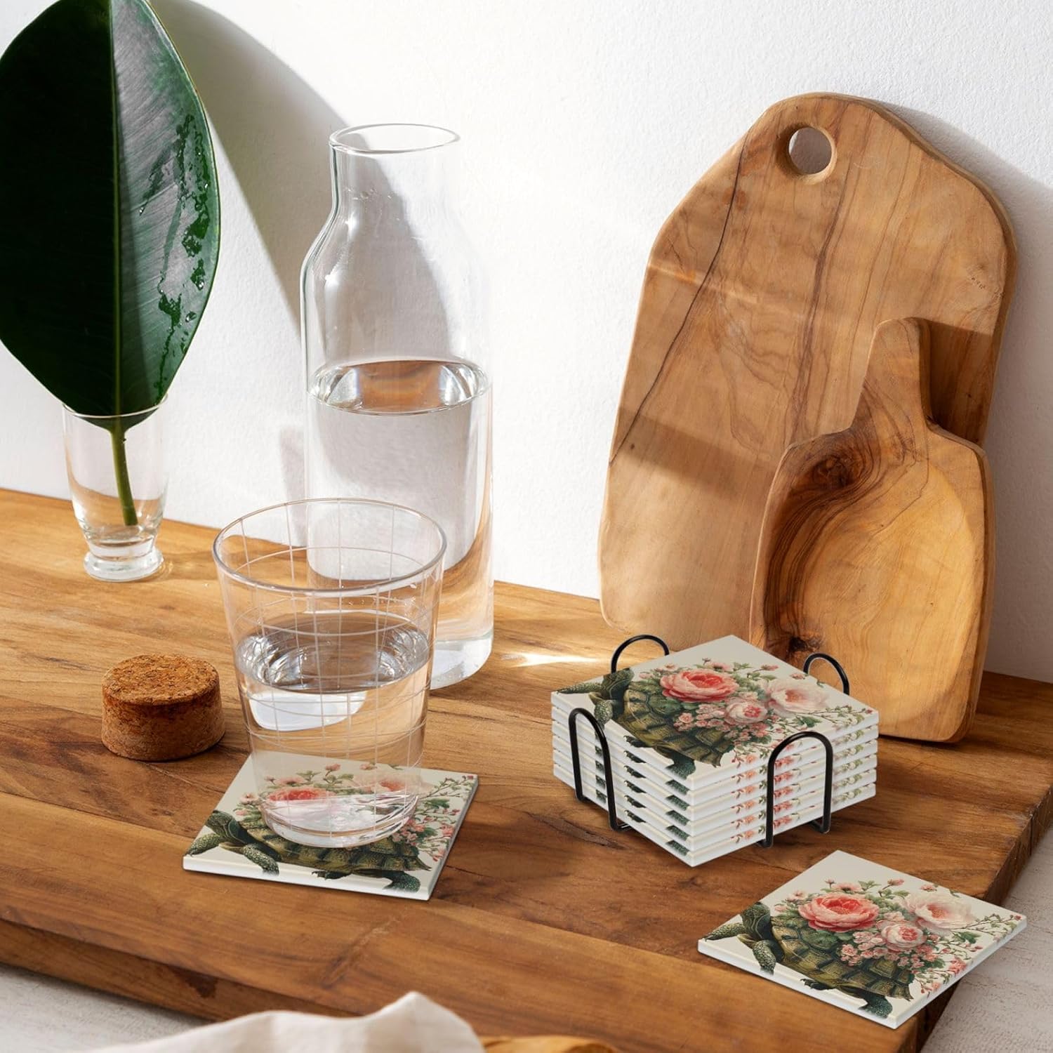 (Flowers Bloomed) Ceramic Coasters Set of 6 with Holder Non-Slip Square Coffee Coasters for for Cup Mug Drink Patio Coffee Table Decor, Christmas Coasters Home Bar Supplies