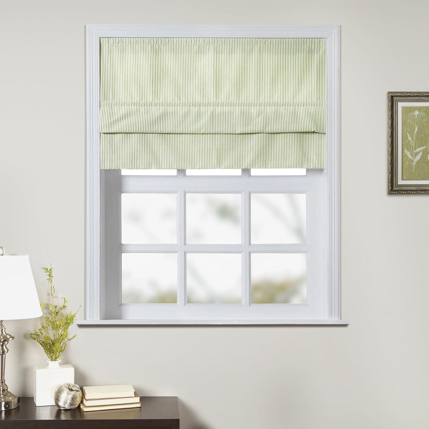 TWOPAGES No Drill Cordless Farmhouse Ticking Stripe Roman Shades Roman Blinds for Windows, Custom Made Light Filtering Blackout Blinds Shades for French Door, Olivine Pinstripe, 1 Piece