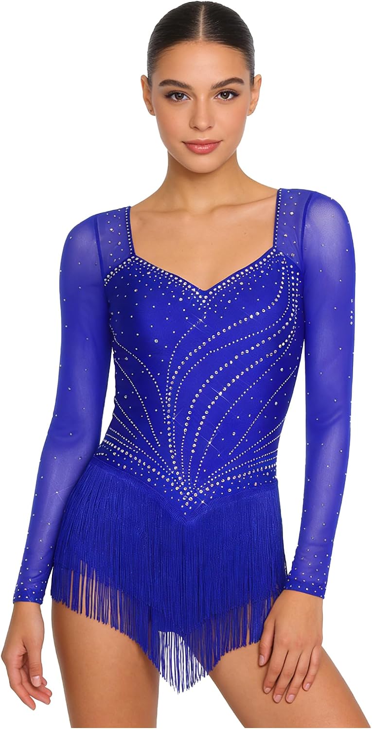 FEESHOW Women's Latin Dance Leotards Gymnastics Bodysuit | Shiny Rhinestone, Tiered Tassel, Long Sleeve, V Neck, Open Back, Rhythmic Gymnastics Leotards, for Jazz Tango