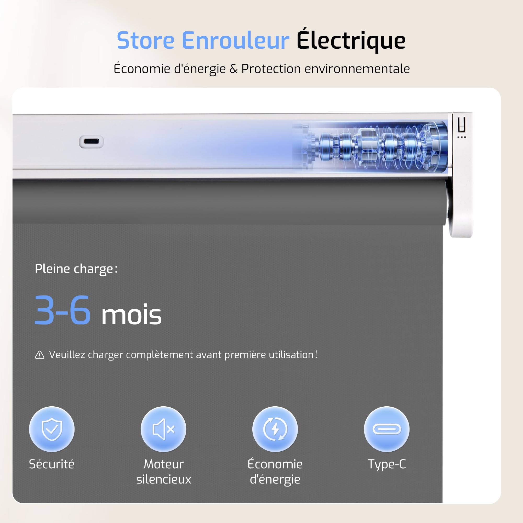 Grandekor Store Enrouleur Occultant sans Perçage Électrique Rechargeable, 70l x 120L cm Gris Foncé,Isolation Thermique, Moteur & Télécommande, Batterie Lithium, Opaque