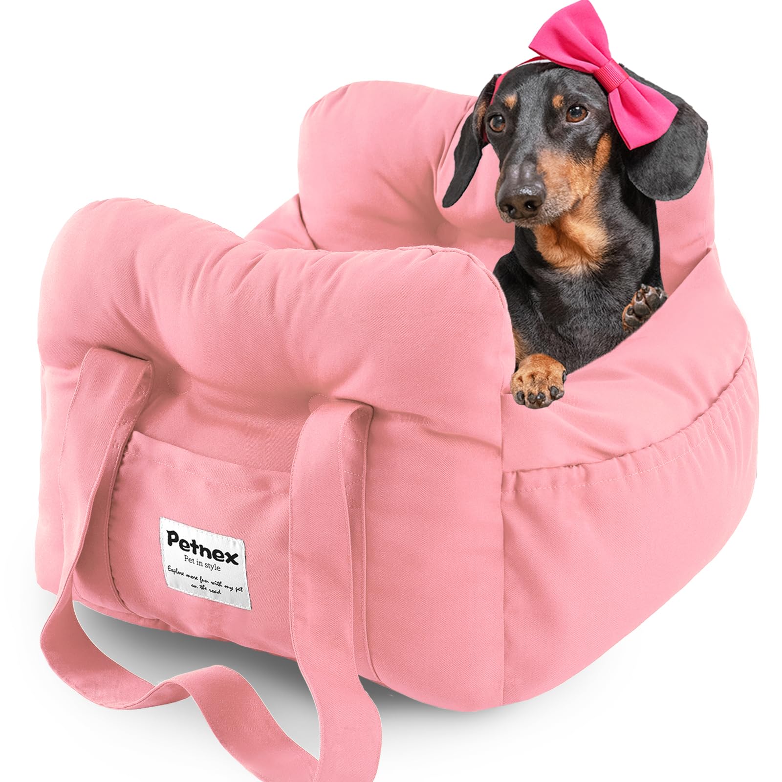 PETNEX Dog Car Seat for Small Dogs, Portable Puppy Car Seat of Easy Installation, Fashionable Pet Carrier Bag with Large Pockets, Machine Washable Dog Booster Seat (Pink)