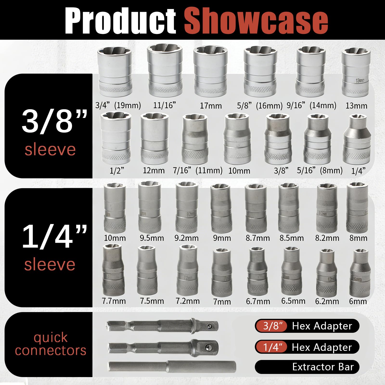 Juego Extractor De Tornillos 32 Piezas, Vasos Extractores 3/8" Y 1/4" Perfil Espiral, Para Tornillos Y Tuercas Dañadas Oxidadas O Gripadas, Acero Cr-Mo Con Adaptador Rápido