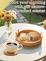 Vista 2 de 6pcs Natural Handmade Rattan Coasters with Holder - Wicker Drink Coasters Set for Protecting Table, Housewarming Gifts Boho Home Decor