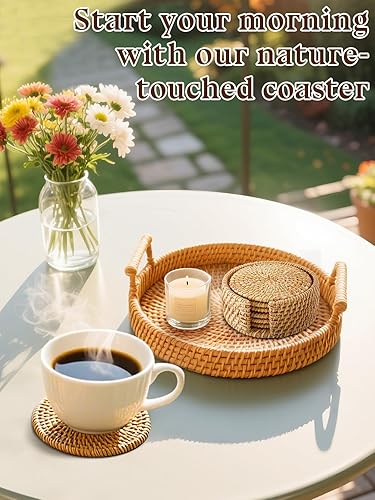 Miniatura 2 de 6pcs Handmade Rattan Coasters with Holder, Natural Wicker Boho Coasters Set, Heat-resistant Drink Coasters for Coffee Table Housewarming Gifts Hot