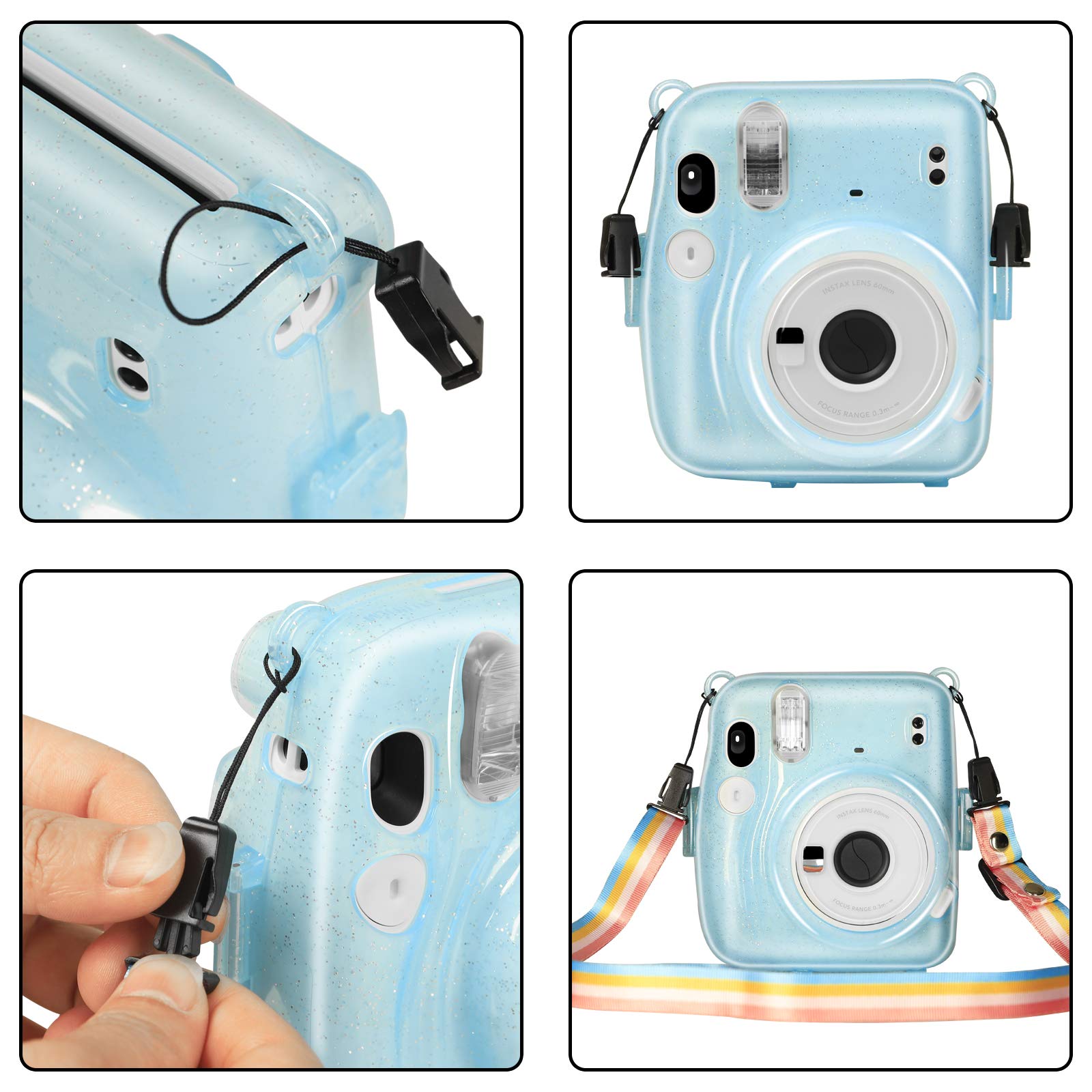 Custodia protettiva per fotocamera istantanea Fuji Instax Mini 11 in PC rigido trasparente con cinghia rimovibile e colore trasparente (blu