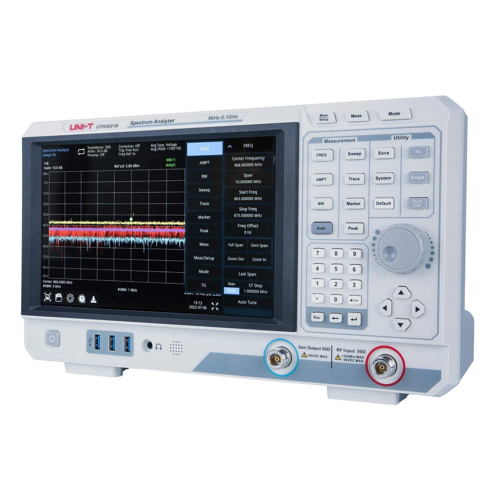 UNI-T UTS3021B Spektrumanalysator Touchscreen 9kHz~2,1GHz RBW 1Hz~3MHz 6x traces