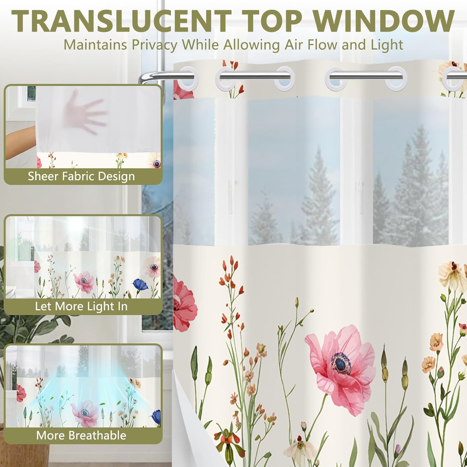 No Hook Shower Curtain with Snap in Removable Liner, Double Layer Waterproof Bathroom Shower Curtain with See Through Window and Weighted Hem, Watercolor Floral Bath Curtain, 71" W x 74" L