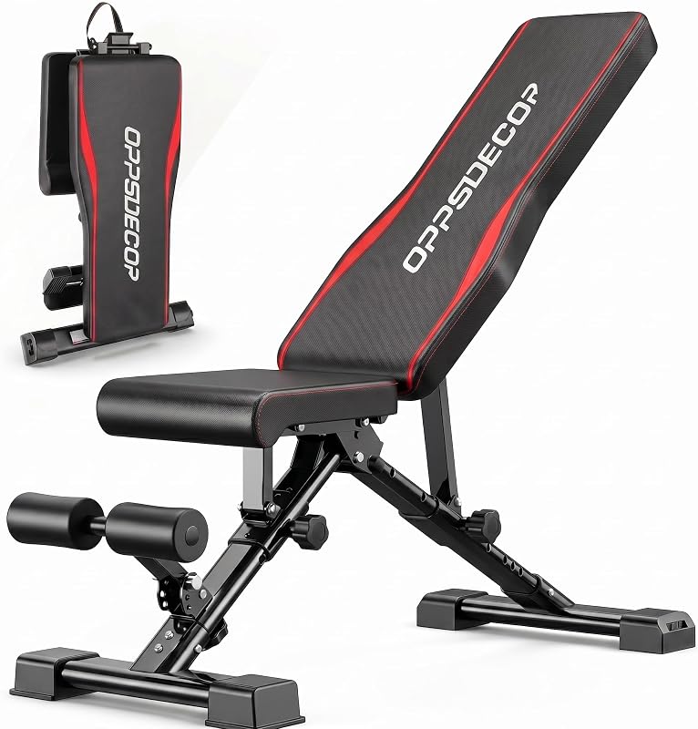 OPPSDECOR Adjustable Weight Bench, 900LBS Foldable Workout Bench | 8+4+2 Positions, 18.5in Seat Height, 20in Rear Base, Folds to 33x8x12in, Flat Incline Decline Bench Press, Under 1-Min Setup