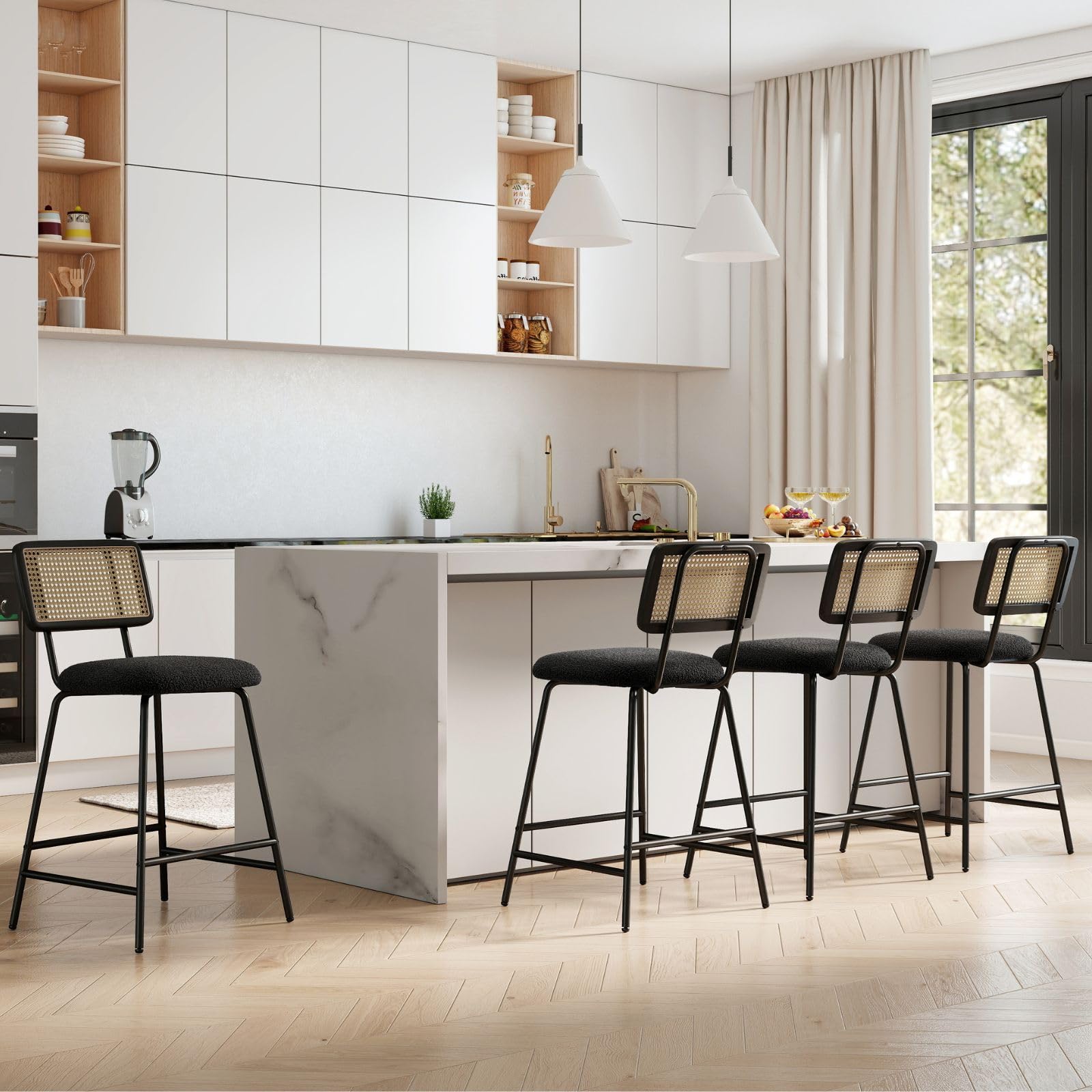Hyfirm Set of 4 Bar Stools 26 Inch Counter Height, Rattan Barstools with Cane Back & Black Boucle Padded Seat, Metal Frame Upholstered Breakfast