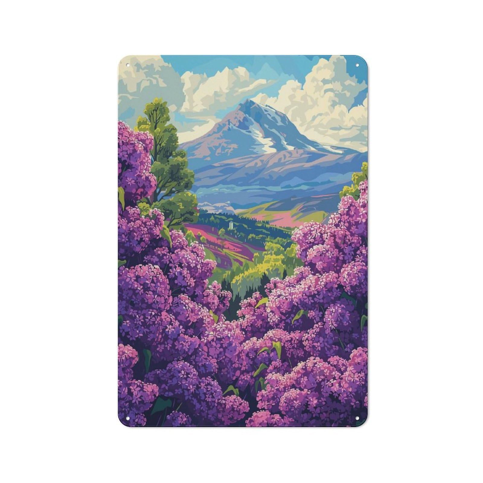Junmoney Style-19 Tin Wall Plaque 30X20cm With Mountain View With Lilacs For Guest Room Or Hallway, For Garage, Workshop And Man Cave Decoration