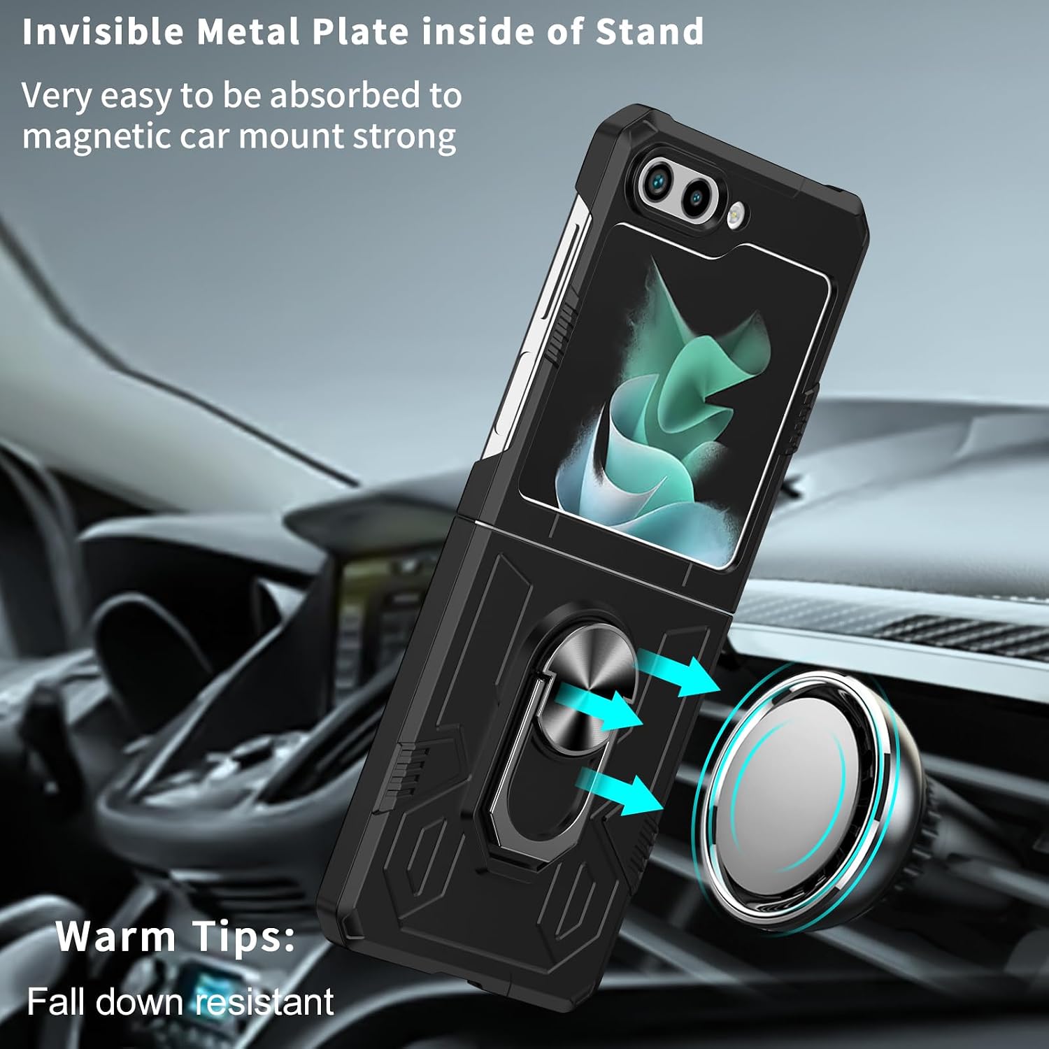 Folding Mobile Phone Case Compatible with Samsung Galaxy Z Flip 5 5G Metal Ring Holder, [Support Car Holder] UV Oily Spray Paint Shockproof Protective Phone Cover Military Cases Black