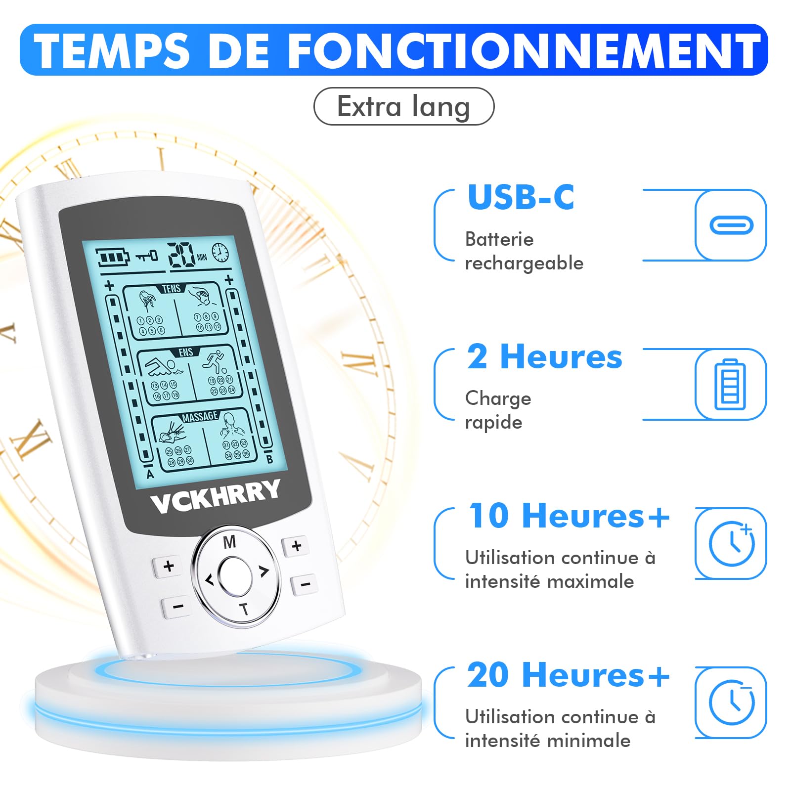 3 EN 1 TENS EMS Électrostimulateur Musculaire pour le soulagement de la douleur, la stimulation musculaire, avec 2 Canaux Indépendant, 36 Programmes de Massage, 10 électrodes