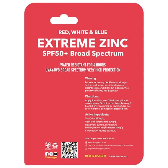 Sun Zapper Extreme Zinc Sunscreen Stick 3-Pack SPF 50+ Red White Blue Colored Water Resistant Mineral Sunscreen Sticks for Face, Surf Sunblock, 15g (0.53 oz) Each, Australian Made