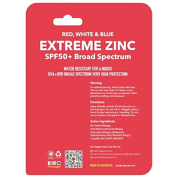 Sun Zapper Extreme Zinc Sunscreen Stick 3-Pack SPF 50+ Red White Blue Colored Water Resistant Mineral Sunscreen Sticks for Face, Surf Sunblock, 15g (0.53 oz) Each, Australian Made