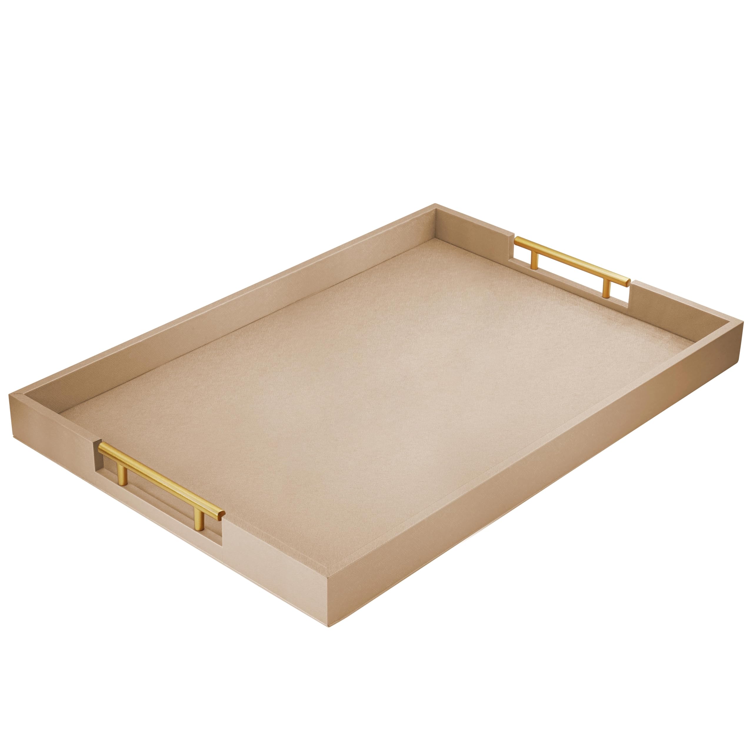 Bandeja de madera extra grande de 22 x 15.7 pulgadas con asas de metal pulido dorado, decoración del hogar, rectangular de madera otomana, bandeja decorativa de cuero, bandeja de tocador de baño para