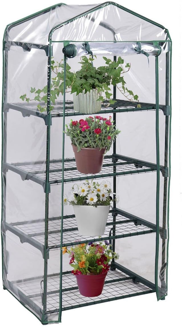 Outdoor Portable Mini 4 Shelves Greenhouse Green House Garden Brand New - Transparent Plastic Covering - It Allows More Sunlight To Keep Plants Warm And Be Good For The Growth Of Plants