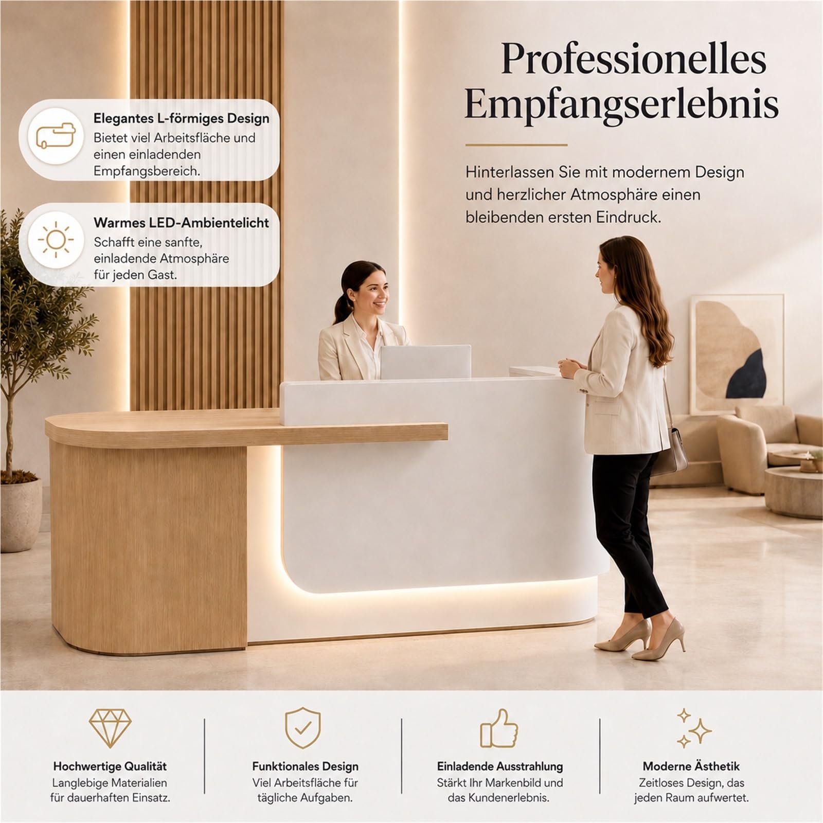 Empfangstheke Hochglanz Lackiert, Empfangstresen Büro Schreibtisch Kassentheke Mit Stauraum, L-Form Rezeptionstheke Für Büro Salon Praxis(Beige Left,150cm/59)