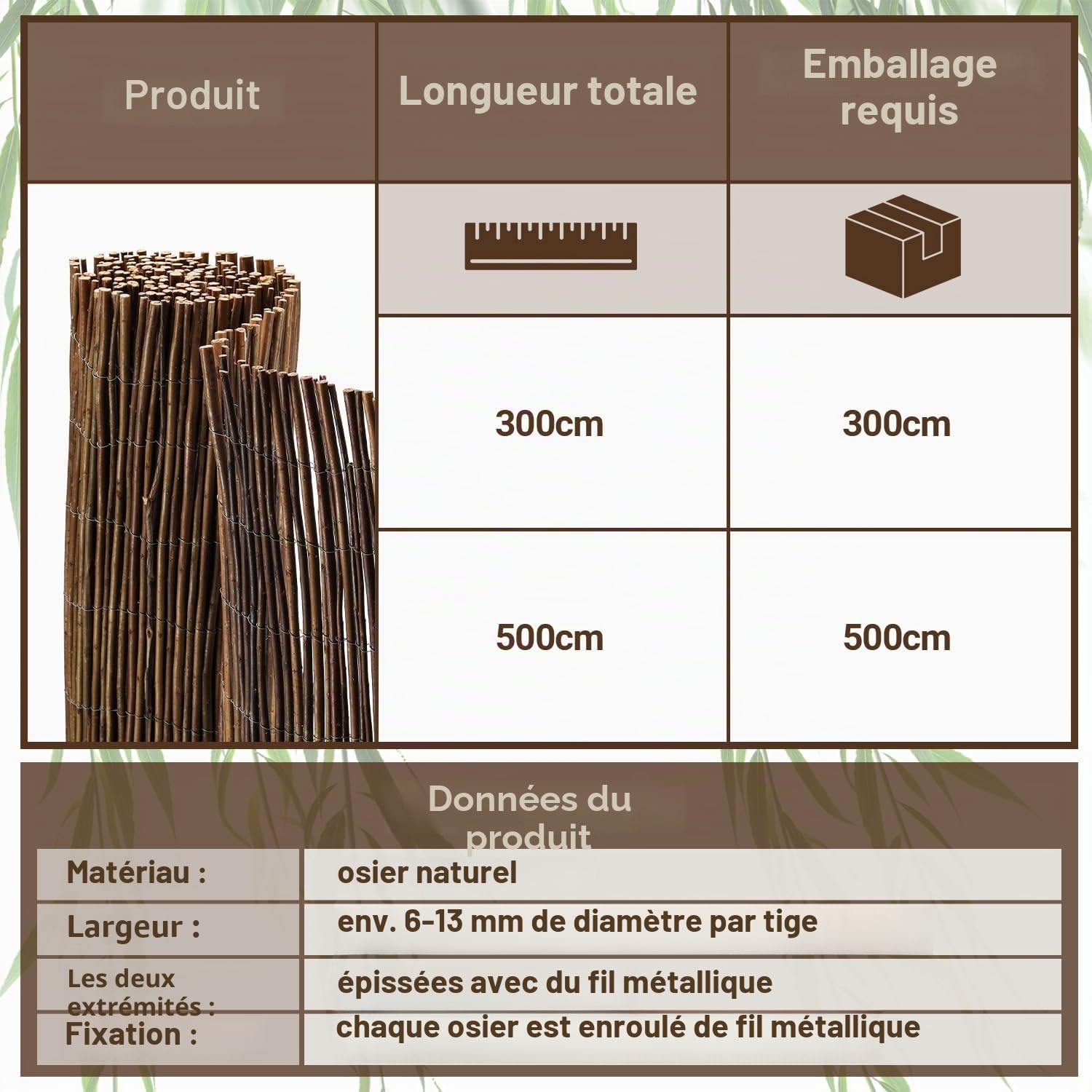 Tapis en osier 100 x 500 cm, diamètre 6-13 mm, brise-vue naturel pour jardin, balcon et terrasse, protection contre le vent et le soleil, clôture de balcon, montage flexible, marron