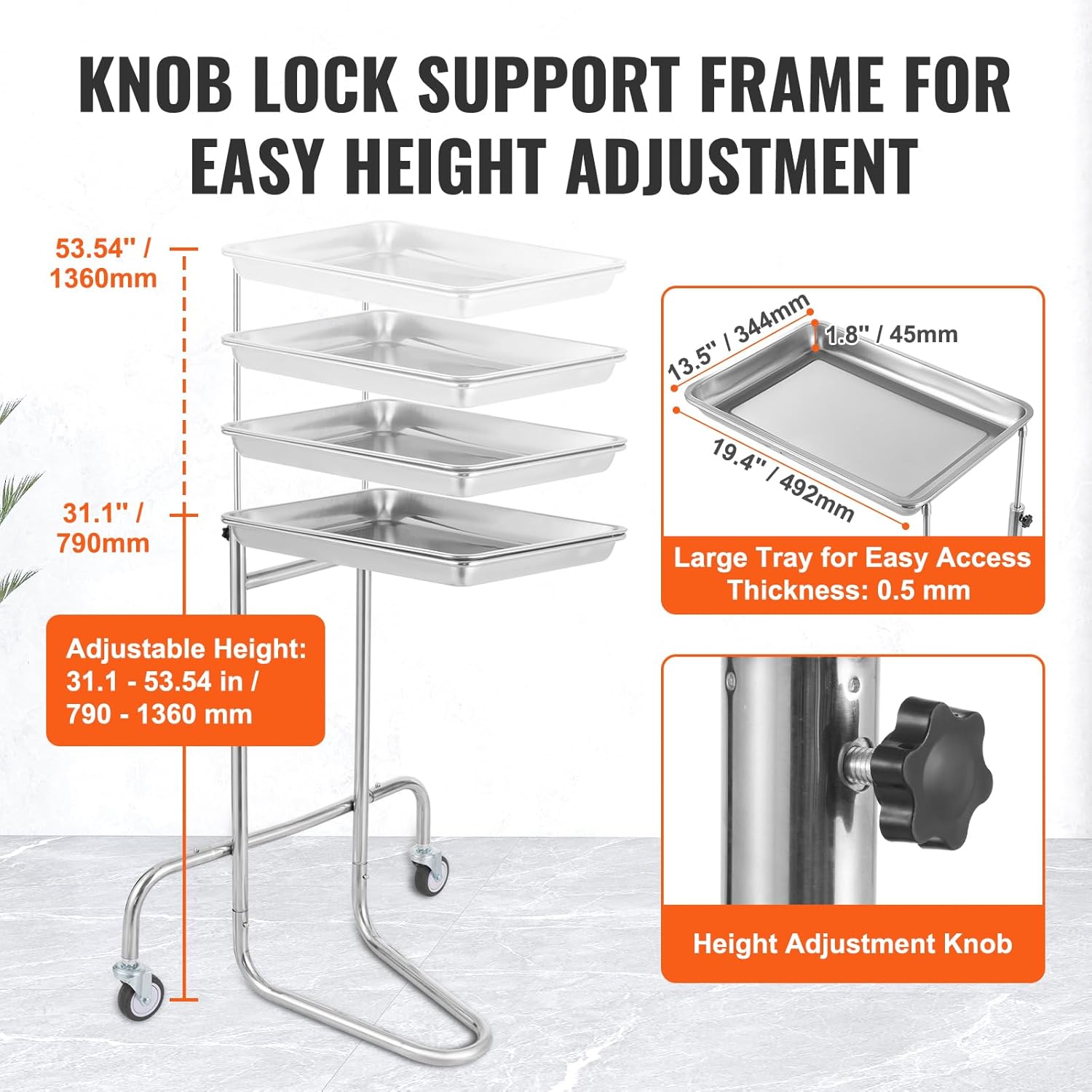 Diagram showing the adjustable height range of the VEVOR Medical Instrument Stand with a knob lock