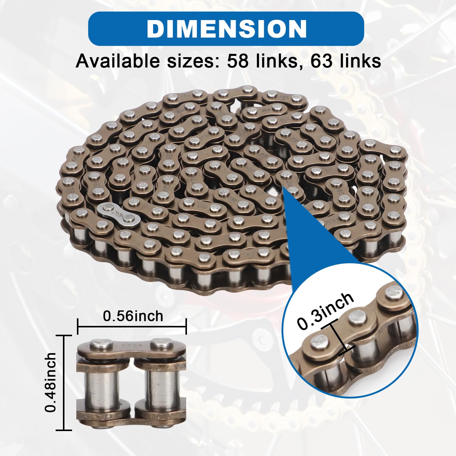 AUTOVIC Electric Dirt Bike Chain 58 Links #219SH Size for 48V Pro Electric Dirt Bikes (58 Links - Gold)