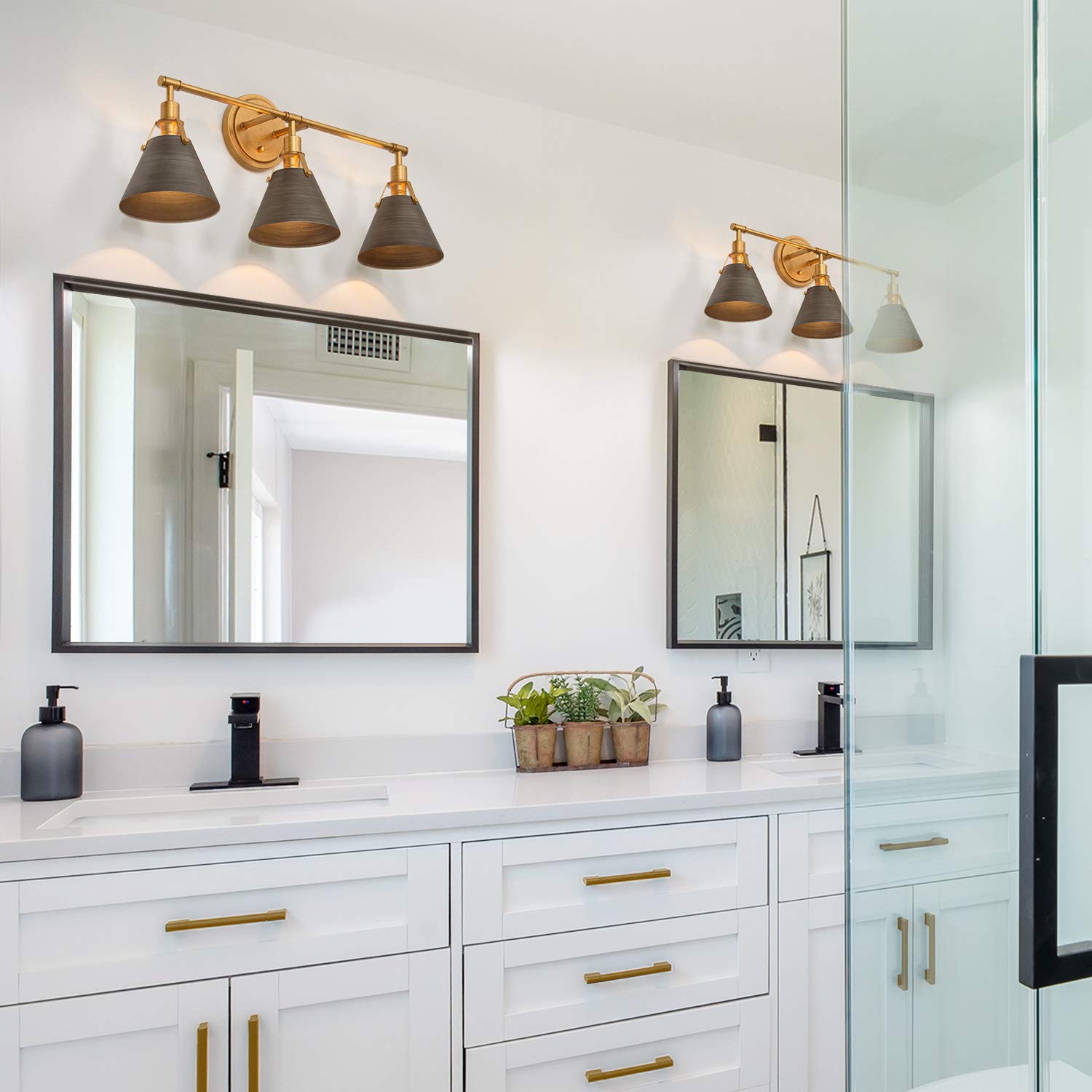 Farmhouse Bathroom Light Fixtures, 3-Light Black Vanity Lights for Bathroom with Gold Socket and Brushed Antique Silver Cone Shade, 25.5" L x 6.5" W x 10.5" H