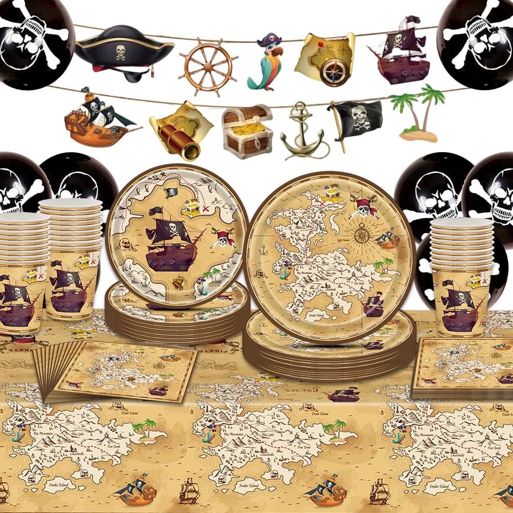Kit Déco Anniversaire Pirate 86 Pièces – Vaisselle Et Nappe Pour 20 Invités, Fête Halloween Enfants