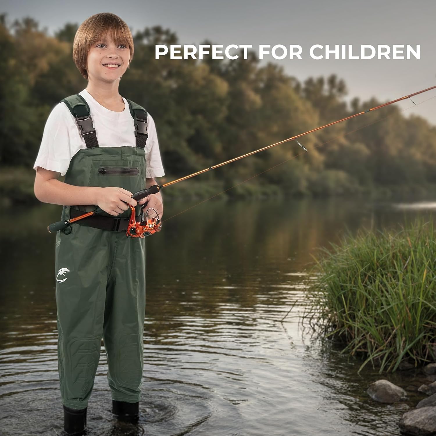 Calamus WaveWalker Chest Waders for Kids, 100% Waterproof Youth Fishing Waders with PVC Boots, DWR, Knee Pads, EVA Insoles