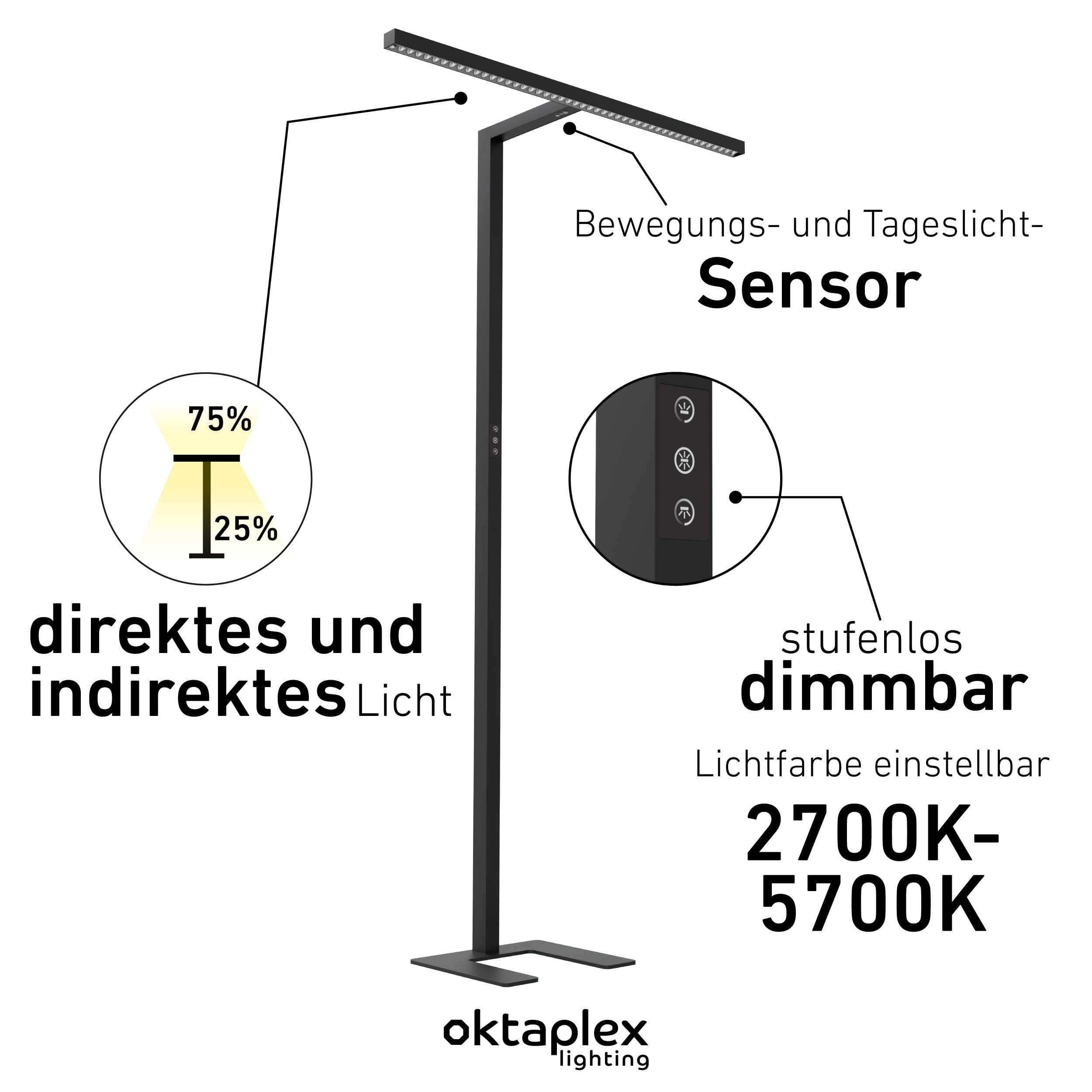 Oktaplex Lund Büro Stehleuchte dimmbar mit Sensor Schwarz Stehlampe | Tageslicht- & Präsenzsensor, Touch-Panel, 10800lm, UGR<11, 2700-5700K, blendarm, 197cm