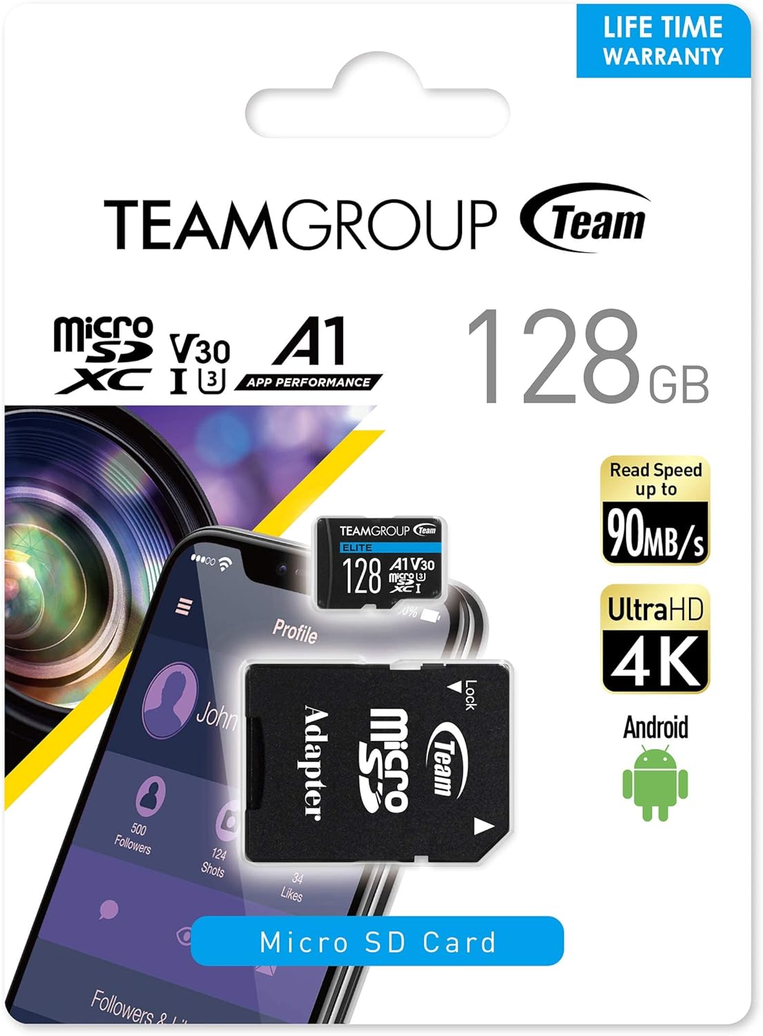 TEAMGROUP Elite A1 128GB Micro SDXC UHS-I U3 V30 A1 4K Read Speed up to 90MB/s High Speed Flash Memory Card with Adapter for Phone, Android Mobile Device, 4K Shooting, Switch TEAUSDX128GIV30A103