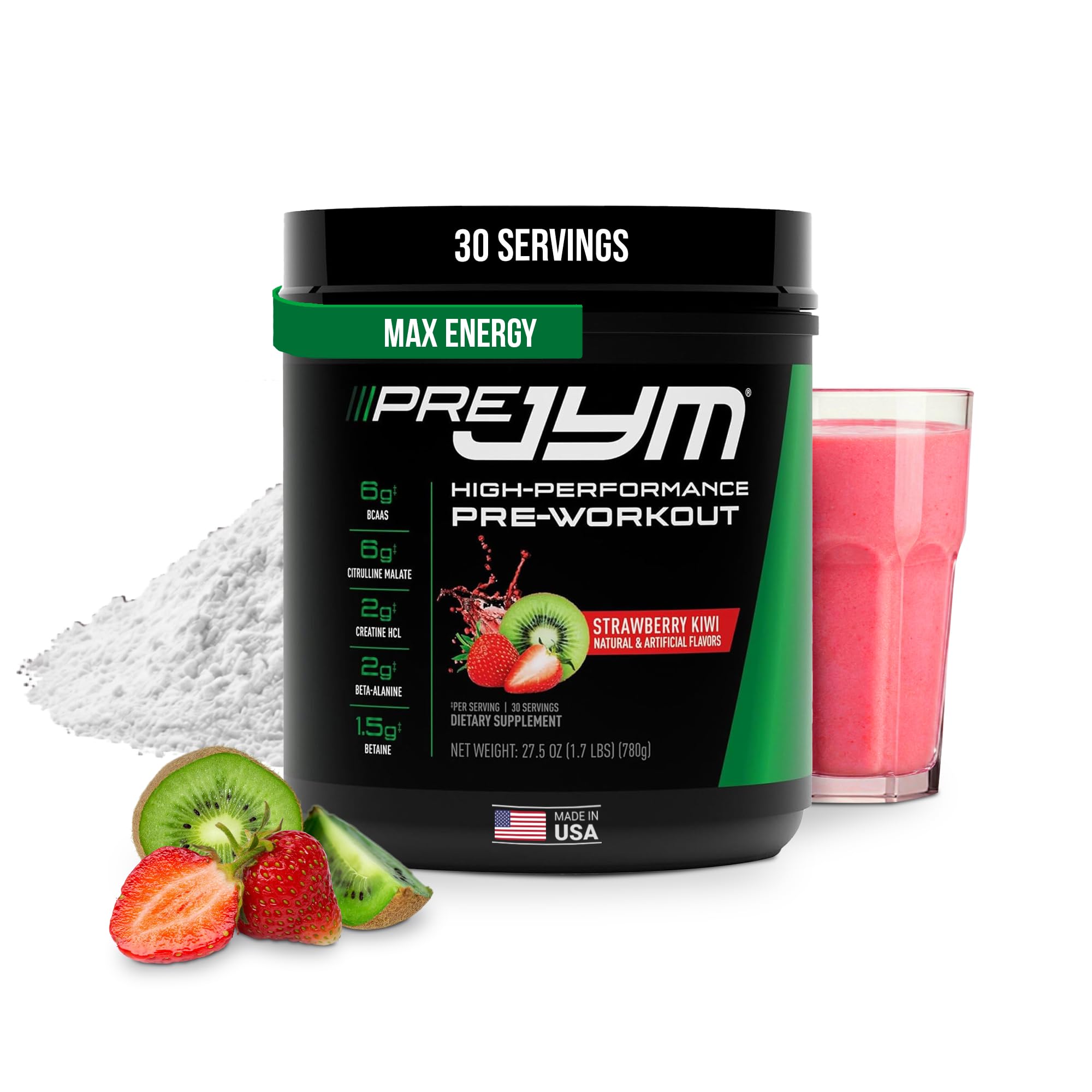 JYM Supplement Science Pre JYM Strawberry Kiwi Pre Workout Powder - BCAAs, Nootropics, Creatine HCI, Citrulline, Beta-Alanine, Betaine, Taurine, Huperzine 30 Servings