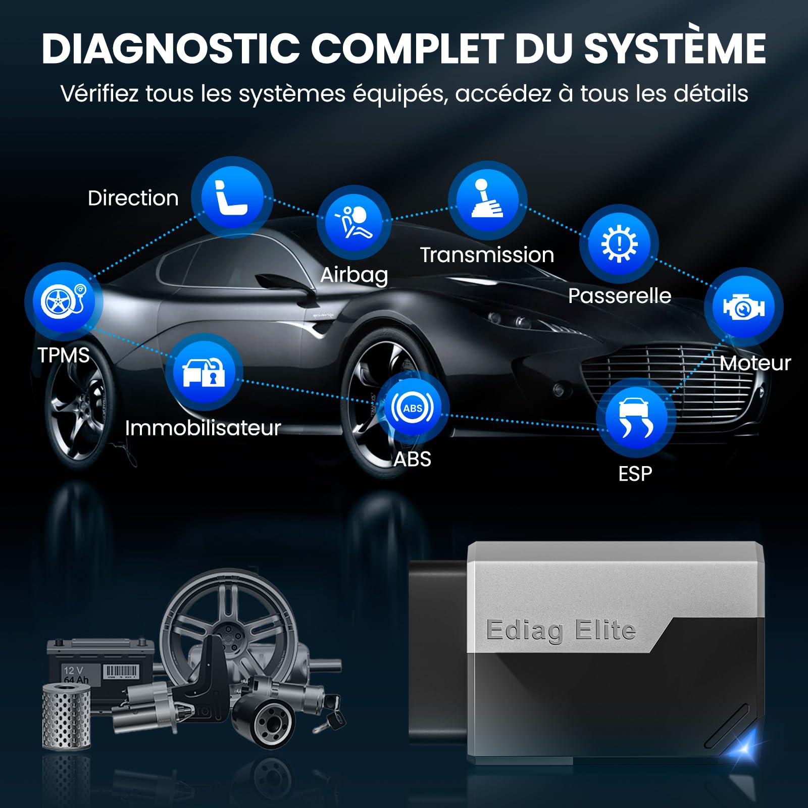 KINGBOLEN Ediag Elite Valise Diagnostic Auto Multimarque, OBD2 Diagnostic Voiture Français avec Test Actif, 15+ Services, Tous Les systèmes Diagnostic pour iOS et Android, Mise à Jour Gratuite à Vie