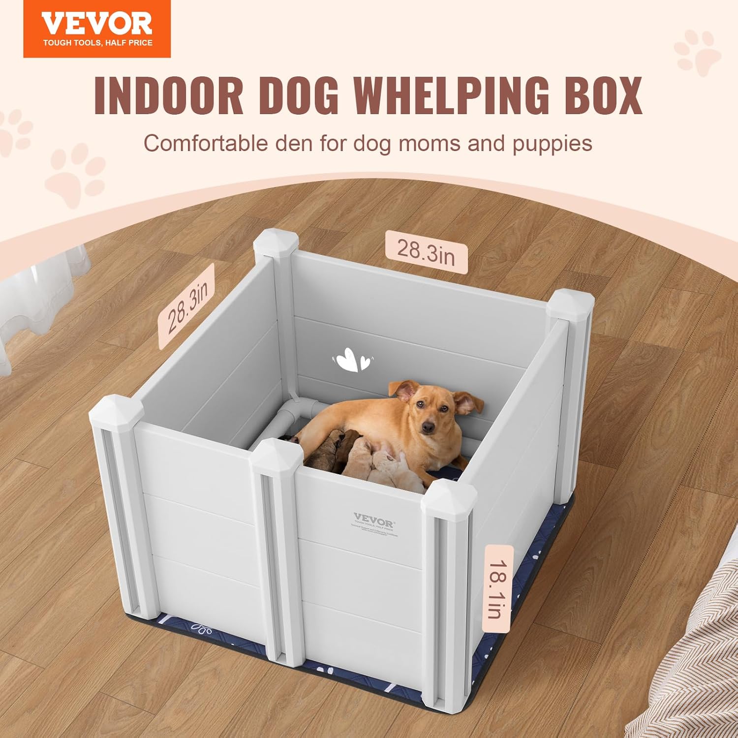 VEVOR Whelping Box for Dogs, 28.3 x 28.3 x 18.1in Whelping Pen for Puppies, Dog Birthing Box with Rails and Washable Pee Pad, Whelping Box for Small Breed Dogs, White