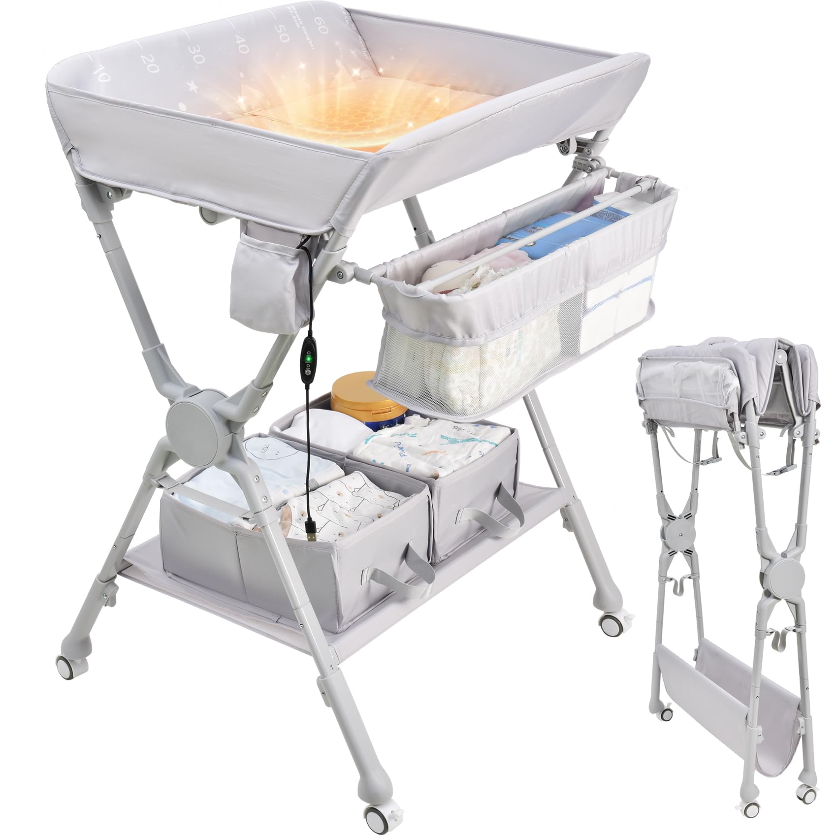 Baby Changing Table, Auto Warmer Portable Folding Changing Table with Wheels, Waterproof Diaper Changing Station with 2 Drawers, Adjustable Height,