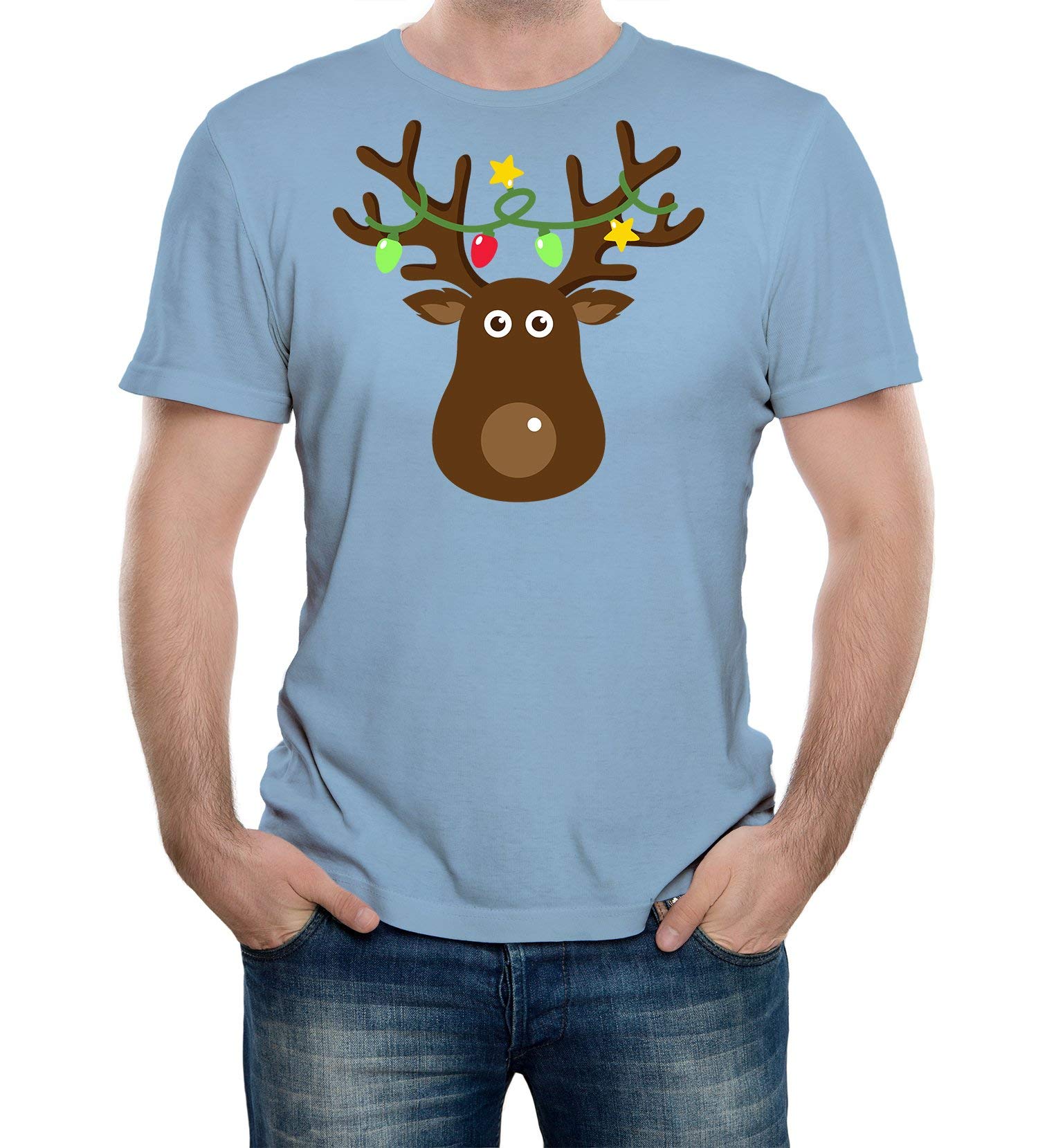 Reality Glitch Men's Sky Blue Christmas Reindeer T-Shirt (X-Large, )