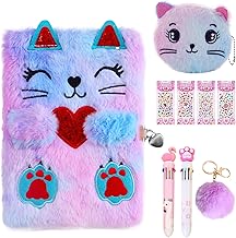 Secret Diary with Lock for Girls, Plush Cat Journal Notebook Set Cat Lockable Diary with Pompoms Keychain, Multicolored Pen, Diamond Stickers Gift for 6-12 Year Old Girls Birthday Presents