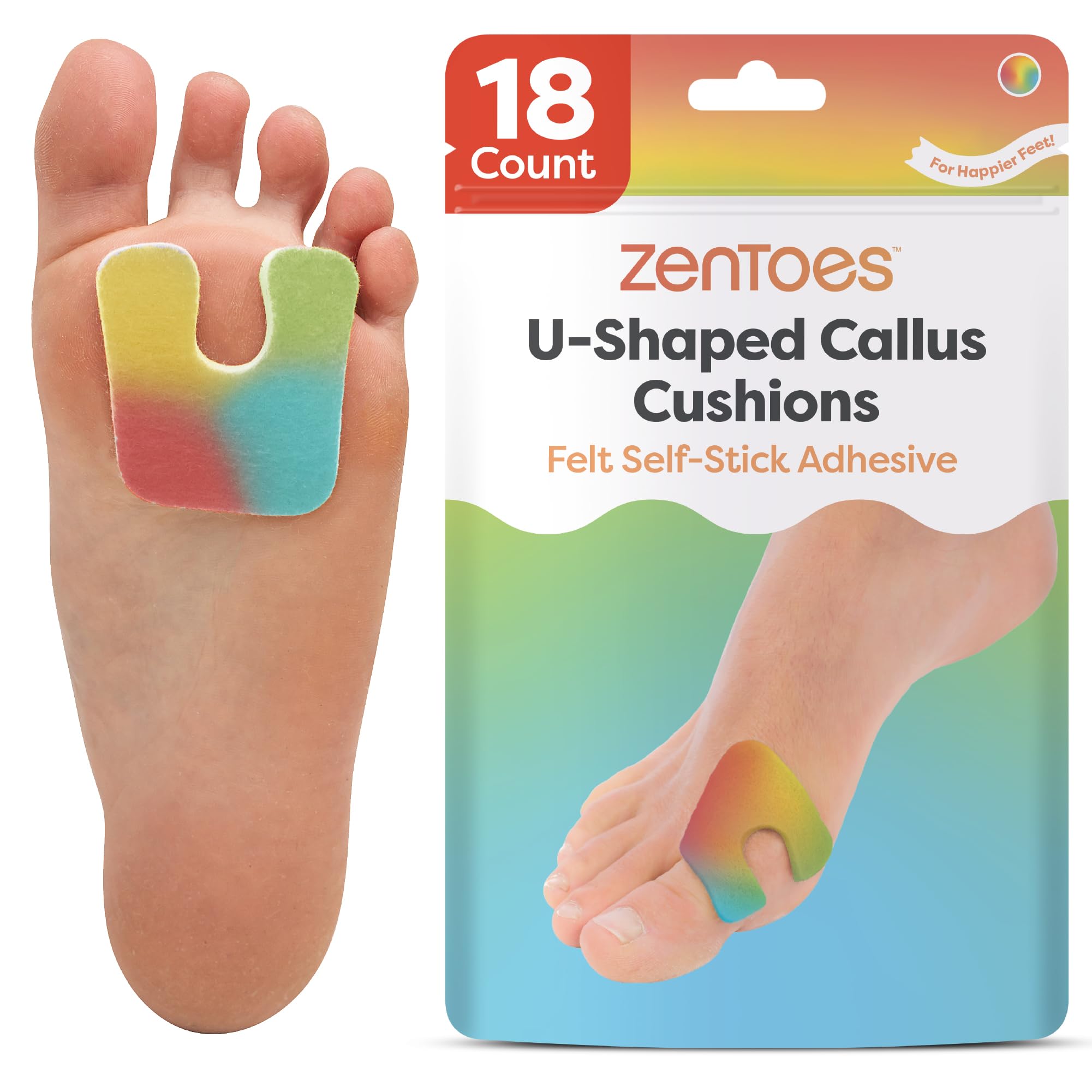 ZenToes Almohadillas de fieltro en forma de U que protegen los callos de roces en los zapatos, reducen el dolor de pies y talones, cojines autoadhesivos de moleskin de 1/8 pulgadas, 18 unidades