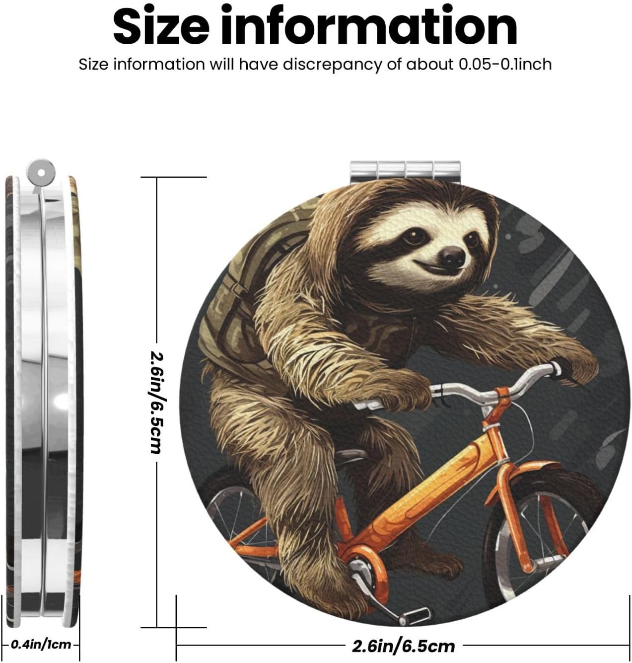 Cycling Sloth Compact Mirror for Purse, Double-Sided 2X/1X Magnifying Mirror for Women Men, Travel Makeup Mirror for Handbag, Handheld Vanity Mirror for Gift image 3