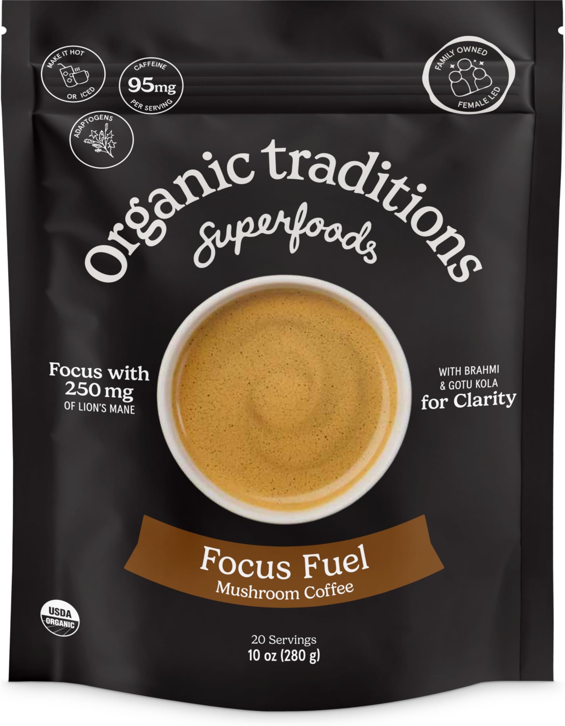 Organic Traditions Focus Fuel Mushroom Coffee, Instant Coffee with Lion’s Mane, MCT Oil Powder, Adaptogens, Coconut Milk, Smooth Dairy Free Blend for Daily Focused Energy, Organic Coffee, 280g / 10oz