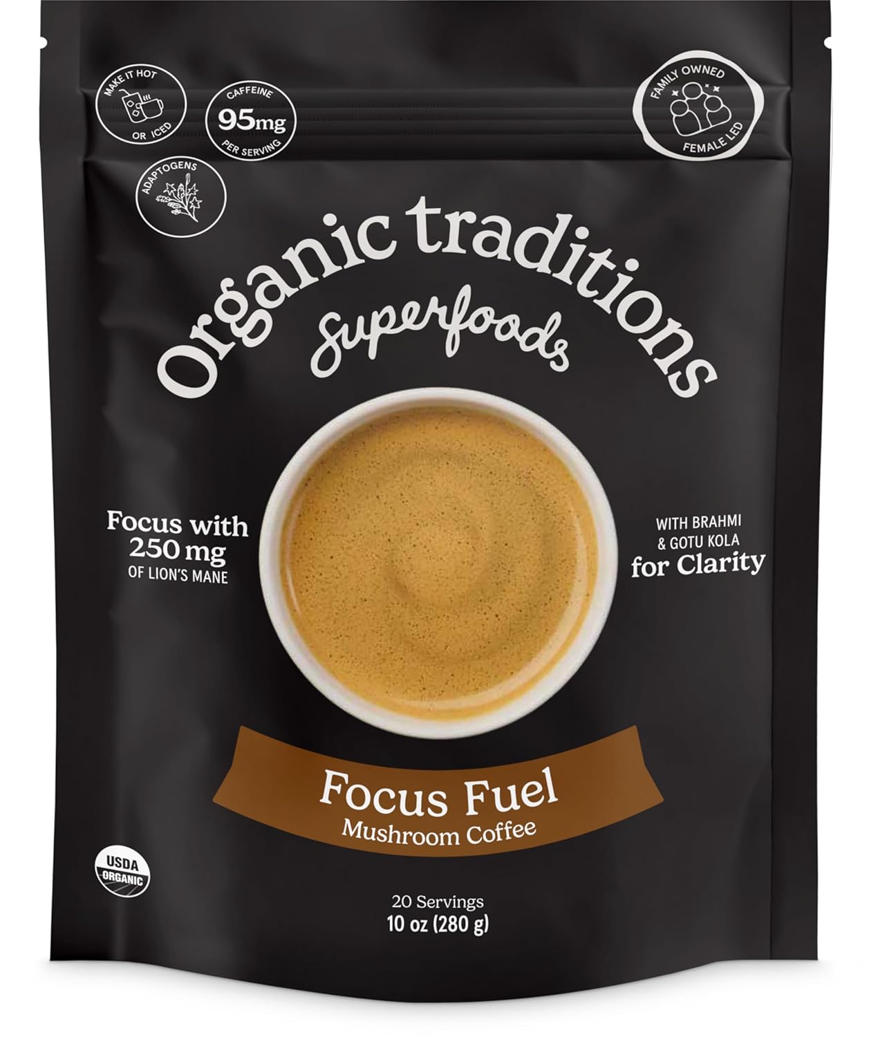 Organic Traditions Focus Fuel Mushroom Coffee, Instant Coffee with Lion’s Mane, MCT Oil Powder, Adaptogens, Coconut Milk, Smooth Dairy Free Blend for Daily Focused Energy, Organic Coffee, 280g / 10oz