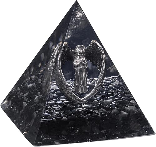 mookaitedecor Estatua de ángel rezante de cristal con piedras de obsidiana negra, pirámide generador de energía de orgonita para protección de