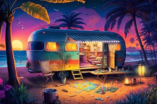 Miniatura 10 de Rompecabezas de 120 piezas para adultos, arte neón de playa, madera segura, impresión de alta definición, hermosos dibujos, pasa las vacaciones de