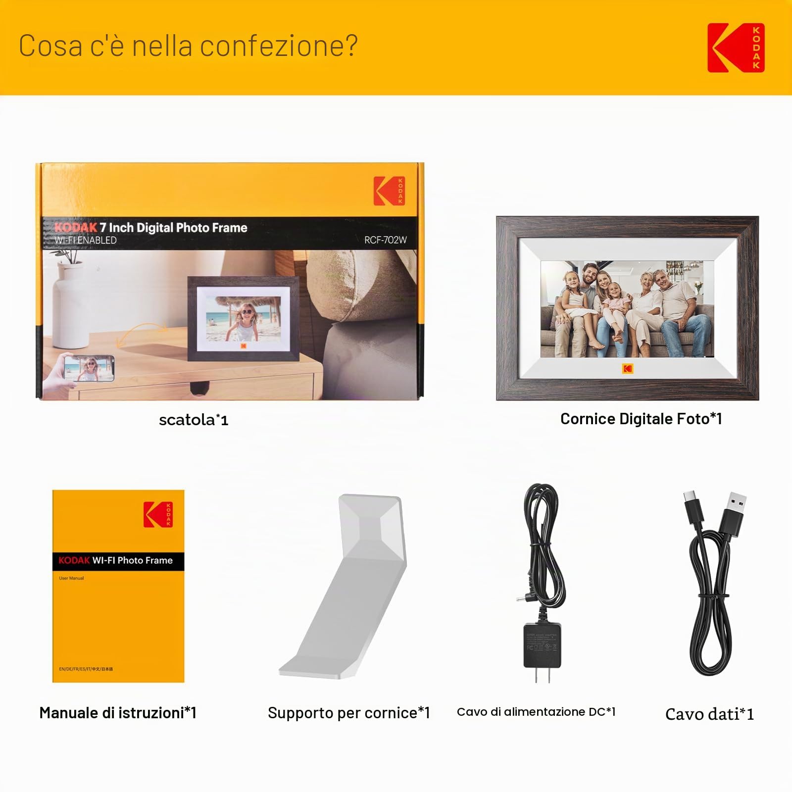 KODAK Cornice Digitale WiFi Cornice Foto Digitale, 7 Pollici HD IPS Touchscreen, Legno Cornici Elettronica con 32GB di Memoria, Portafoto Digitale Condivisione di Foto/Video via APP o Cavo di USB C