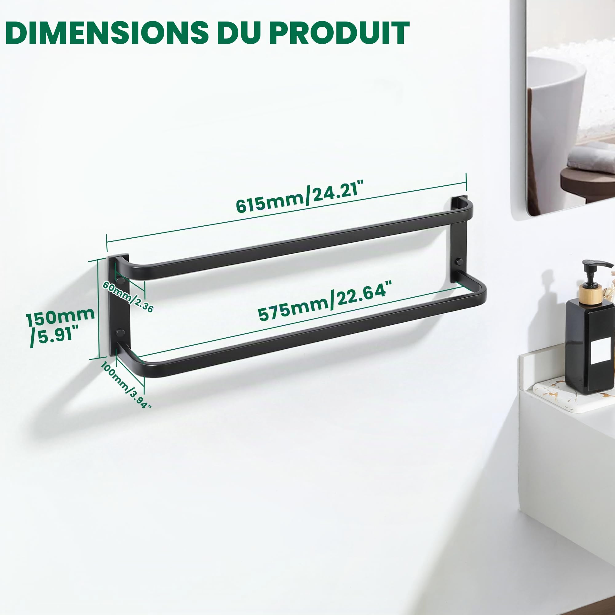 Mooche Porte-Serviettes Mural à 2 Niveaux, 60 CM, en SUS304, Noir | Barre Porte Serviette Pratique en Acier Inoxydable SUS304 Pour Cuisine et Salle de Bain, Facile à Installer