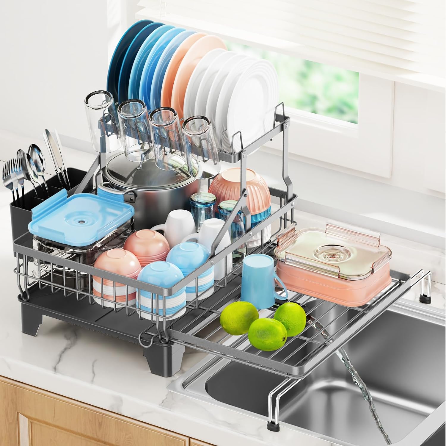 iSPECLE 2 Tier Dish Drying Rack - Expandable Over Sink & Counter Use, Grey